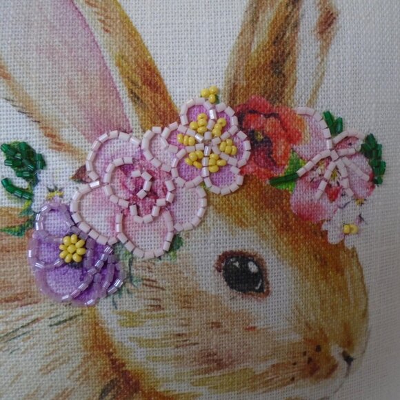 Bunny Kisses Easter Wishes Pillow with beaded accents 16x16" Bunny Floral - Picture 2 of 6